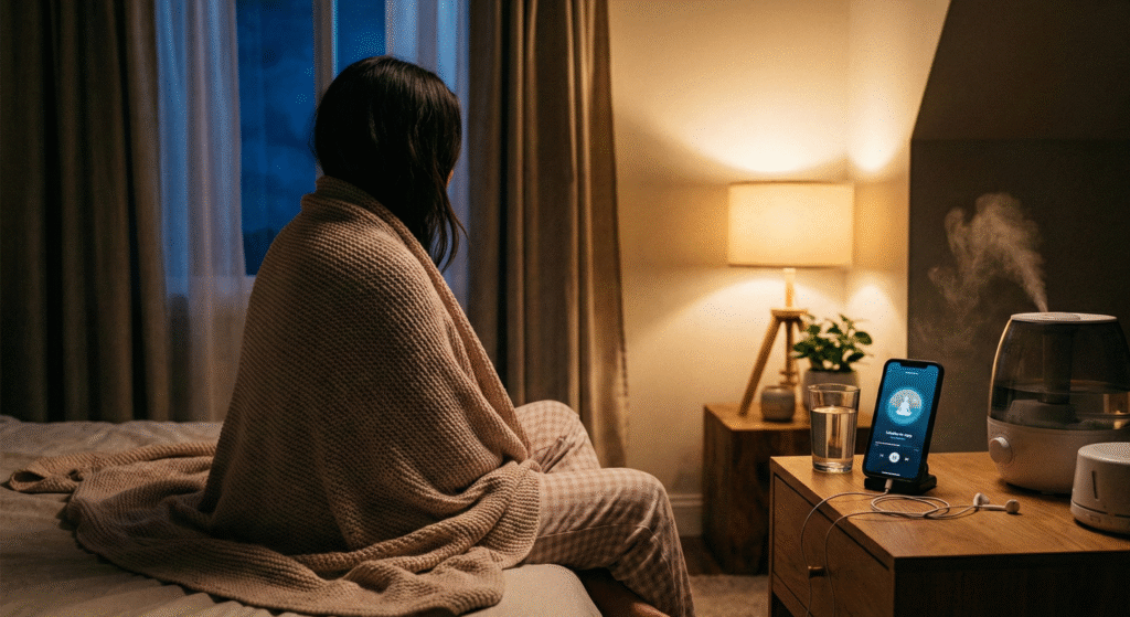 Ambiente de quarto aconchegante à noite preparado para a higiene do sono, com uma pessoa usando meditação guiada no celular para desligar o modo alerta e relaxar antes de dormir.